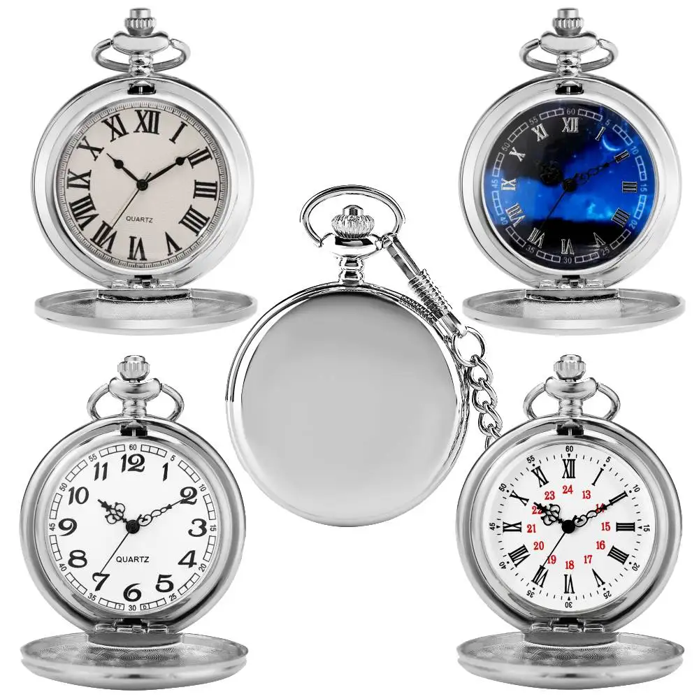 3pcs/Lot Classic Silver Polishing/Brushed Double Side Quartz Pocket Watch Women's Necklace Watches Men's Pocket Chain Timepiece