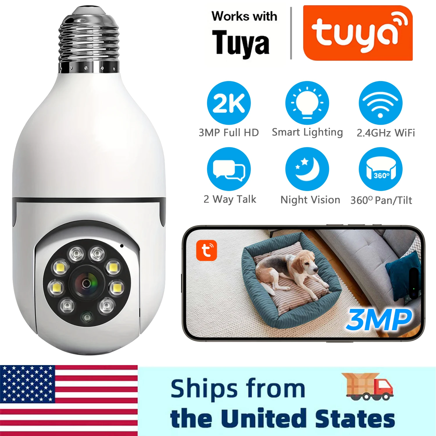 Tuya Smart Wireless Light Bulb Camera for Home Security, 3MP Surveillance Camera, 355° Pan/Tilt, Motion Detection, 2-Way Audio