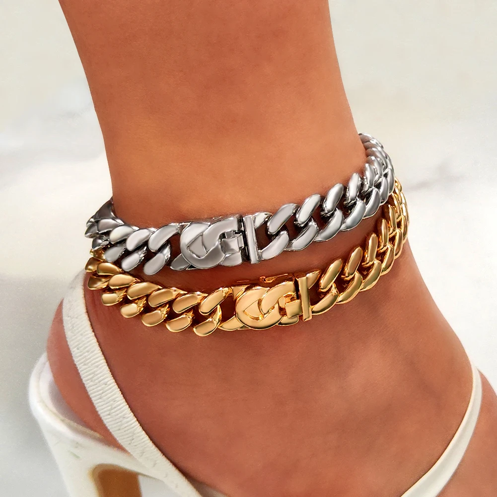 2023 Fashion 14MM Chunky Cuban Anklet Bracelet For Women Gold Silver Color Rhombus Cuban Link Chain Anklets Summer Beach Jewelry