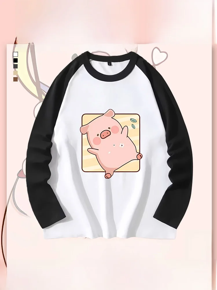 

Хлопковая футболка с длинными рукавами и милым мультяшным рисунком свиньи, с круглым вырезом, плотная, дышащая, повседневная, для подростков и молодежи