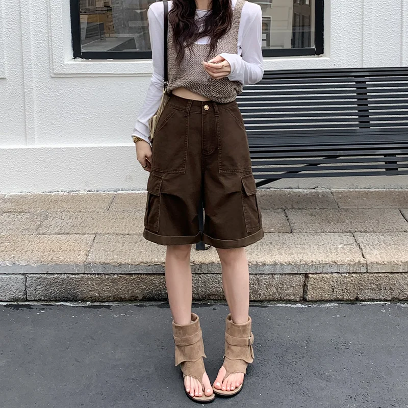 2026 Summer High Waist Loose Cargo Denim Bermuda Shorts Women Slim Fit Multi Pocket Daily Five Points Pants