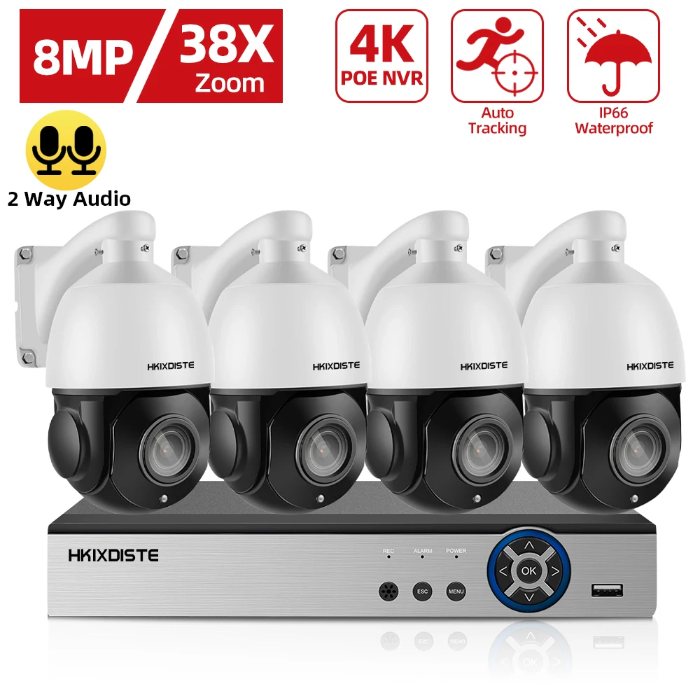 2 Way Audio Camera System 8CH 4K POE NVR Kit 38X Zoom PTZ Auto Tracking Dome CCTV IP Cameras Outdoor Video Surveillance IPC Set