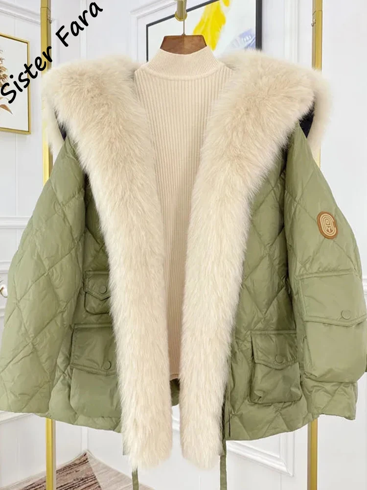 

Sister Fara Navy Collar Long Fur Collar Parker Down Jacket Winter Jacket Women 2022 Women White Duck Down Warm Cotton Parka Coat