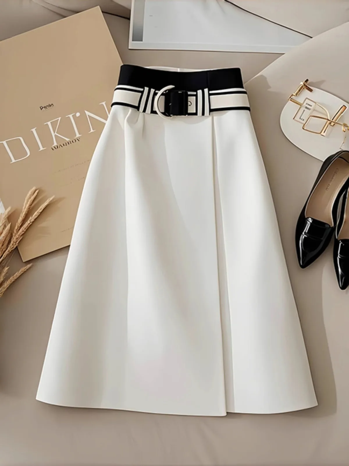 

2025 Spring Summer White A-Line Skirt for Women Elegant High Waist Chic Minimalist Style Versatile Midi Skirt Fashionable Look