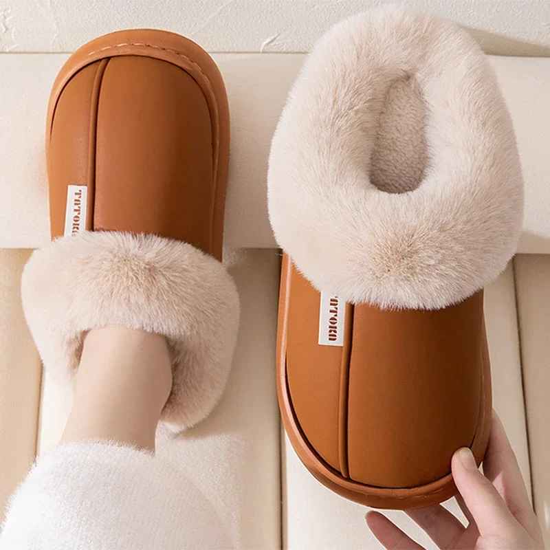 Men Women Waterproof Furry Mule Slippers Winter Thick Plush Lined Non Slip Thick Sole Warm Indoor Outdoor House Fluffy Footwear