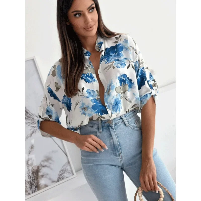 Haut de chemise décontracté pour femme, demi-manche, imprimé floral, col montant, mode estivale, chemise Y