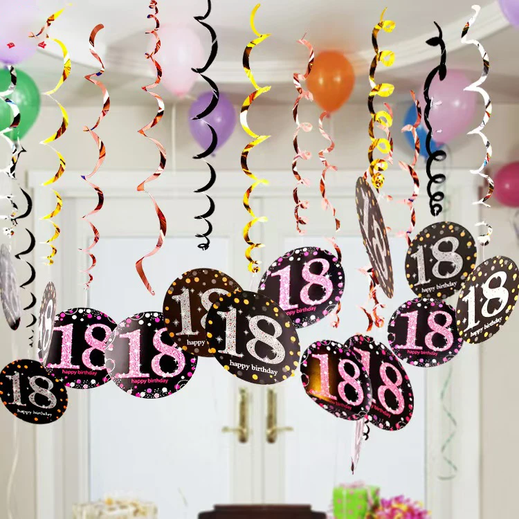 6 Pz/Set Appeso Swirls Soffitto 18 30 40Th Anniversario Buon Compleanno Swirl Banner Per Decorazioni Per Feste Fornitura