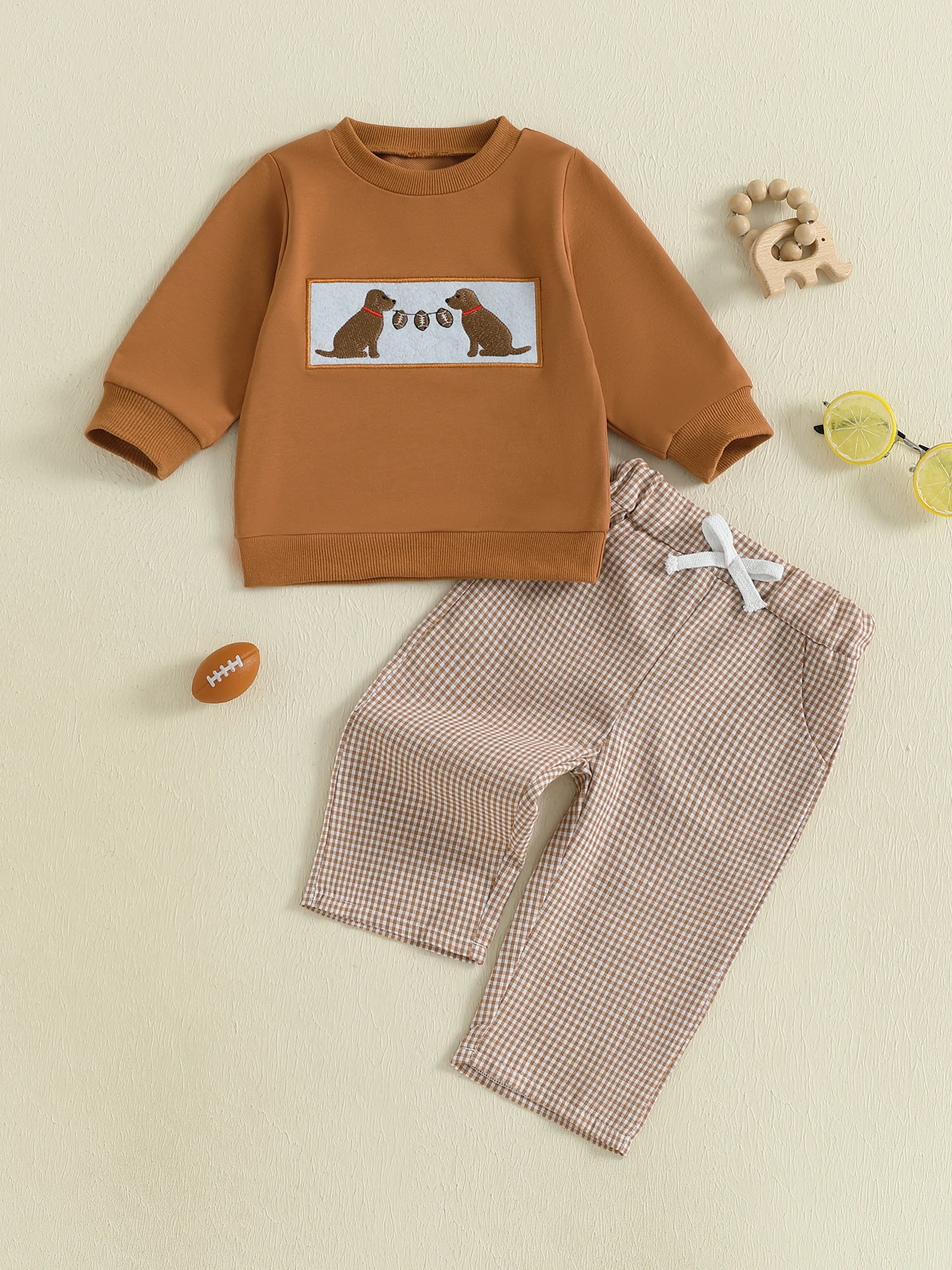 Adorable Toddler Boy Outfit with Cute Dog and Football Embroidery Long Sleeve Pullover and Elastic Waist Plaid Pants for Fall
