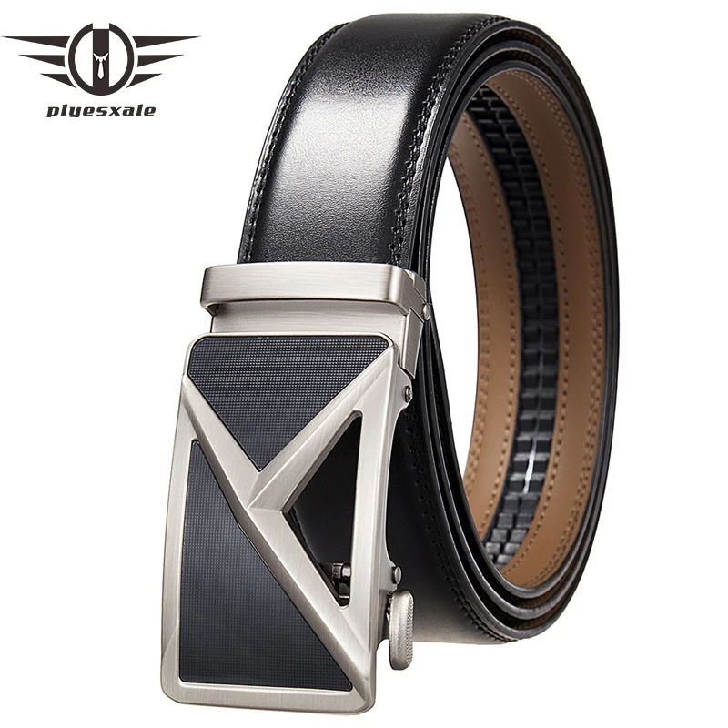 

Plyesxale Male Business Waist Belt Red Brown Black High Quality Cow Leather Ratchet Buckle Formal Style Mens Designer Belts B759