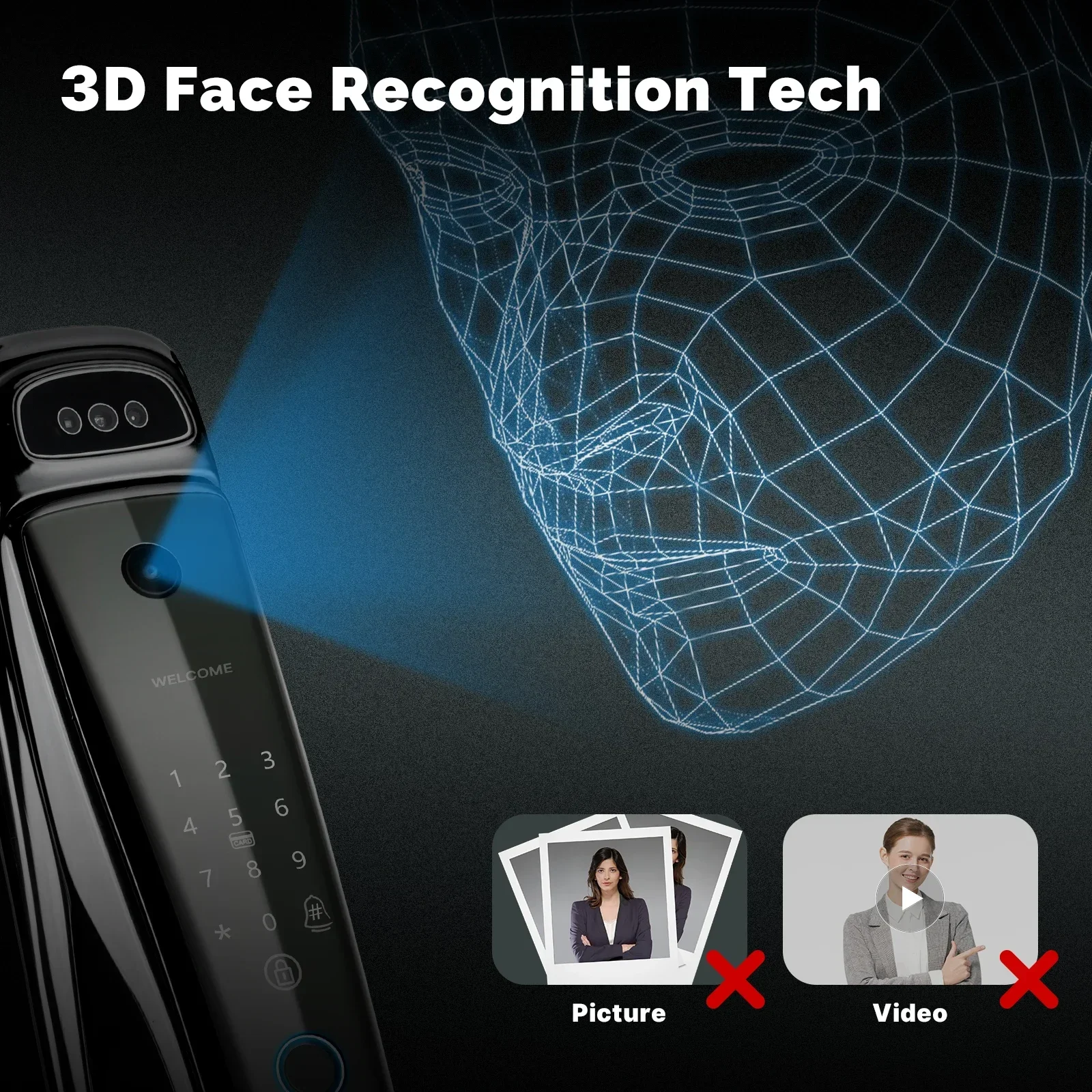 Cerradura de puerta de seguridad inteligente WiFi reconocimiento facial 3D cámara de 1MP visión nocturna infrarroja despertador huella digital