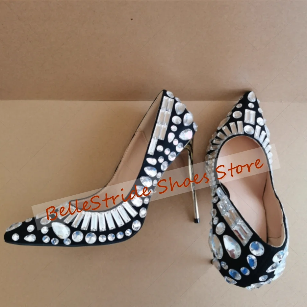 حذاء نسائي أسود بمقدمة مدببة كريستالي ضحلة حذاء نسائي أنيق بكعب عالي للحفلات والولائم والمواعدة 2025 Zapatos Para Mujere