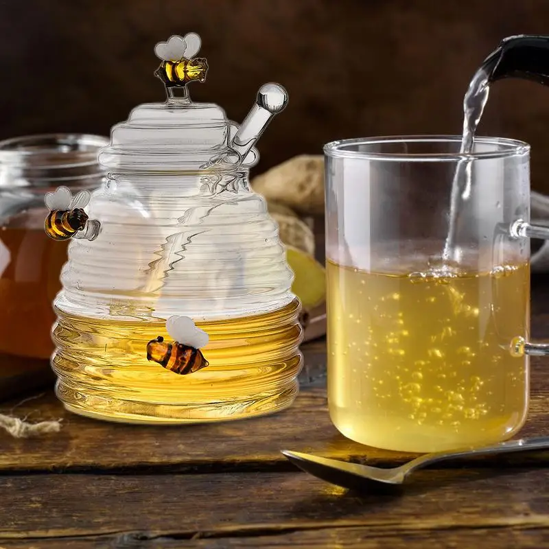 Glass Honeycomb Tank Kitchen Tools Honey Storage Container with Dipper and Lid Honey Bottle for Wedding Party Kitchen Home