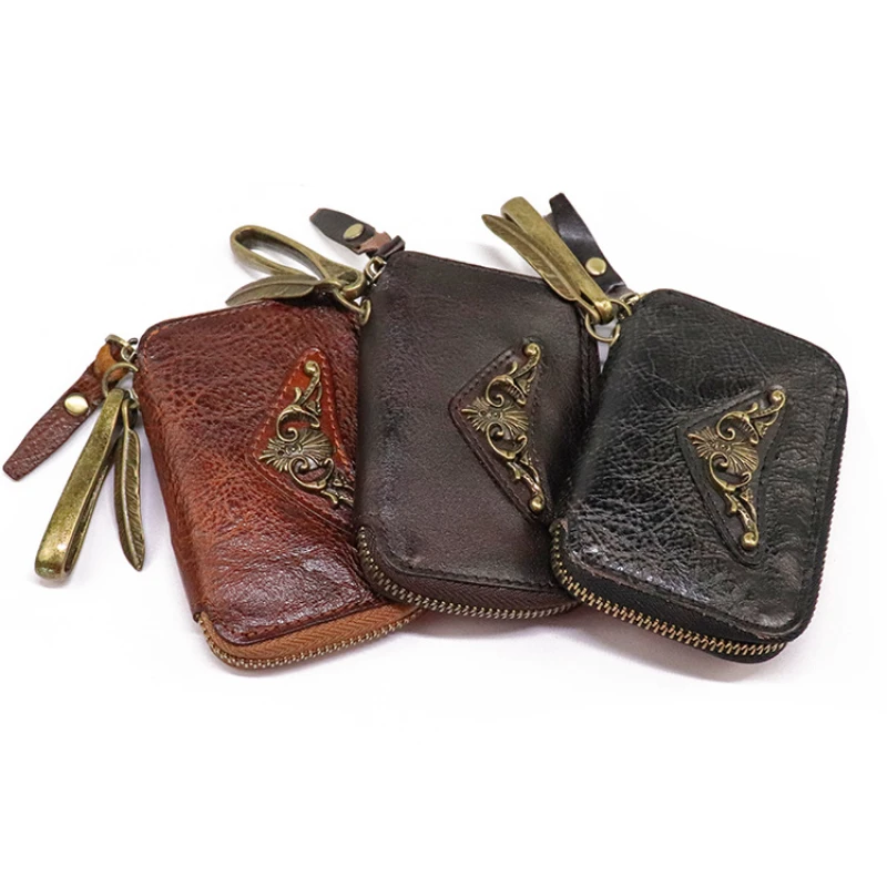 Porte-clés vintage en cuir véritable pour hommes, portefeuilles, étui à fermeture éclair, sac masculin, 007 gardien, évaluateurs