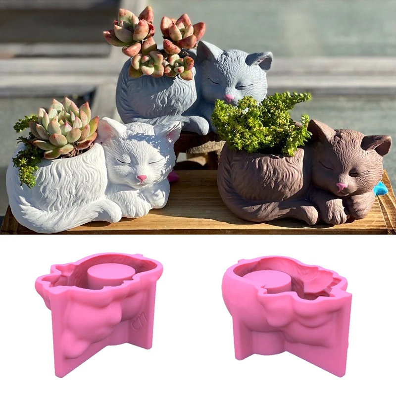 1Pc Silicone Mold Cute Cat Flower Pot Succulent DIY Making Resin Concrete Vase Cactus Candle Silicone Mold Home Decor Tool