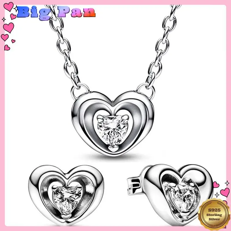 

Authentic 925 Sterling Silver Radiant Heart & Floating Stone Earring Necklace With Crystal For Women Jewelry Set Gift 2025