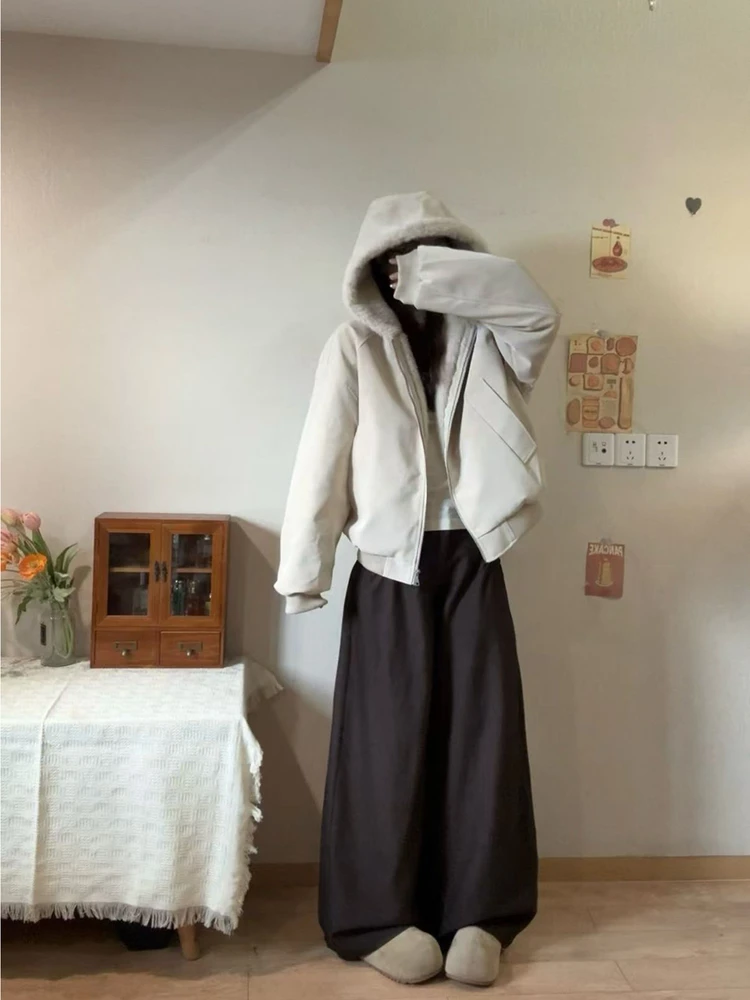 

Korean Sle Winter Thiened PU Leather Collar Hooded Cotton Jaet Men's Women's Lazy Sle Warm Thiened Trendy Cotton Coat