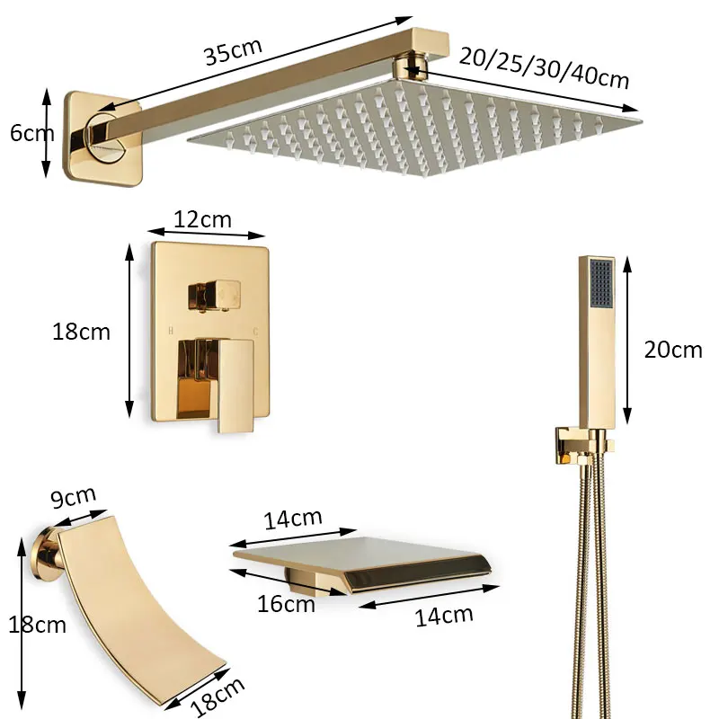 Brass Bath Shower Set System Wall Mounted Gold Shower Kit Rainfall Shower Head Valve Mixer Tap Brass Hand Shower Square Head