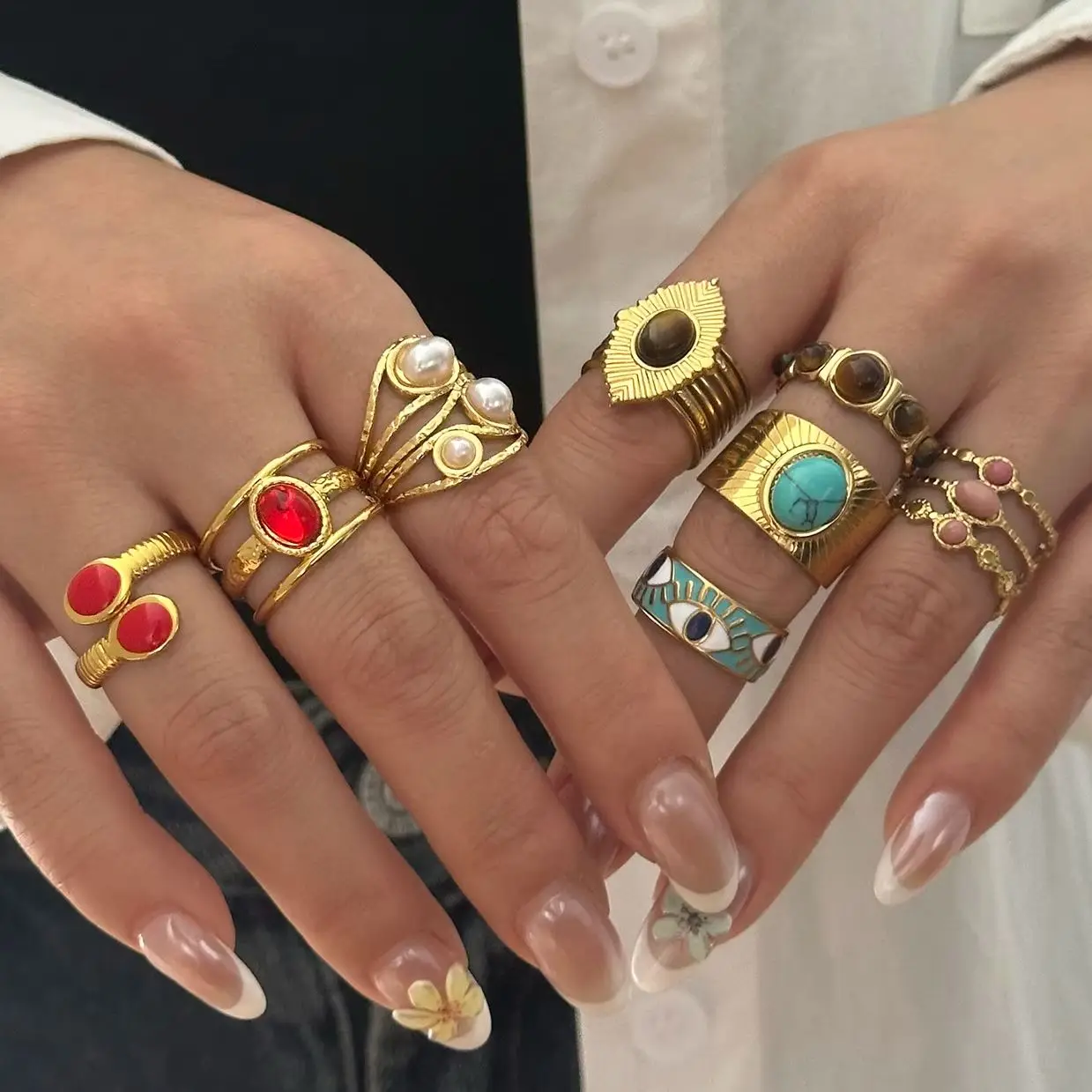 Französischer Vintage Eleganter Perlenring für Damen Edelstahl Gold Hohl Drahtgewickelter Mehrfach-Band Chunky Statement-Schmuck