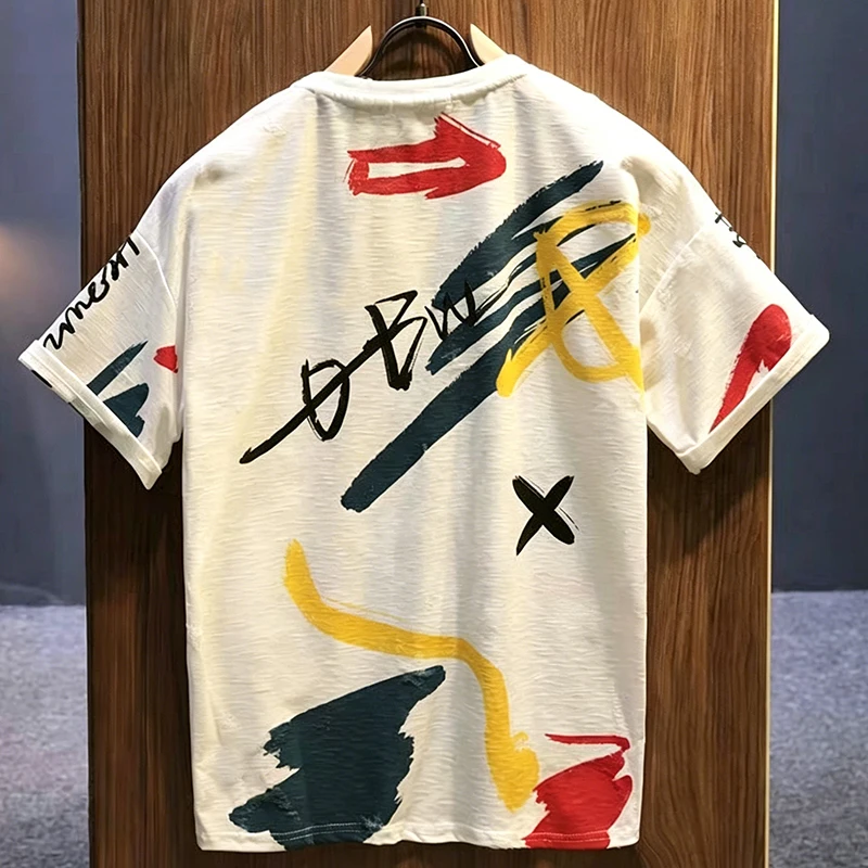 Summer New Fashion Printing T-Shirts Man Round Neck Casual Short Sleeve Pullovers Pure Cotton Loose Y2K All-match Vintage Tops