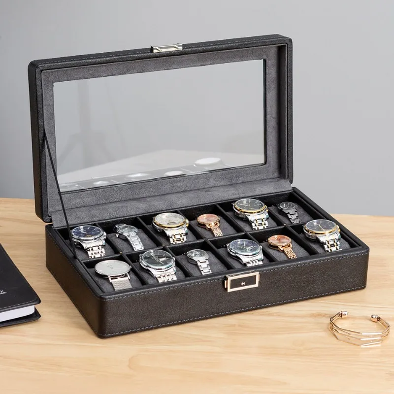 PU Leather Watch Box Business Style Luxury Display Case Large Capacity Mechanical Watches Storage Boxes Transparent Window Boxes