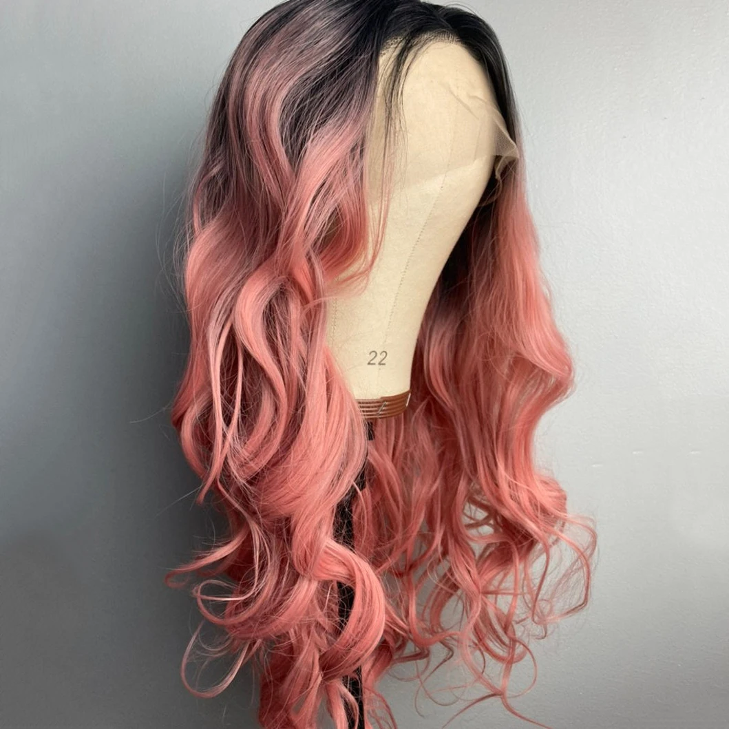 Wig Renda Merah Muda Persik Akar Hitam Wig Renda Depan Sintetis Rambut Manusia 10% Wig Rambut Panjang Berombak Merah Muda Pastel untuk Tarikan Cosplay Wanita