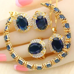 Dark Blue Stones Gold Color Bridal Jewelry Sets For Women Drop Earrings Necklace Pendant Bracelet Rings Free Gift Box WPAITKYS