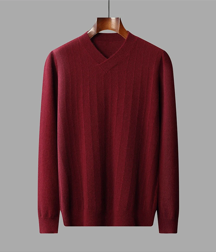 

Luxury men's business casual cashmere sweater men's V-neck 100 pure cashmere striped sweater high-end knitted bottoming shirt