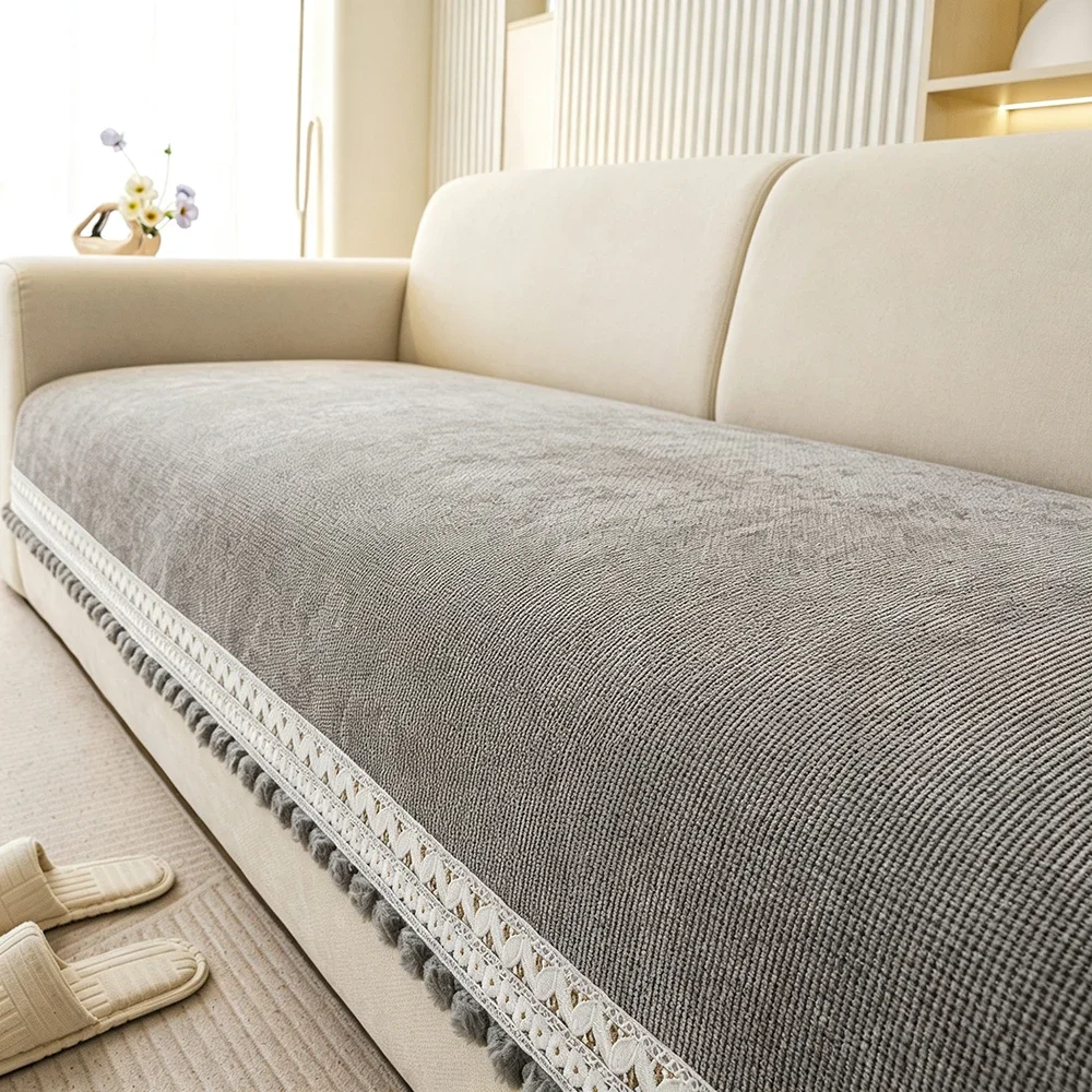 Waterproof Chenille Sofa Cushion Protector Anti Scratch Pet Proof Couch Cover with Lace Trim Non Slip for Living Room Gray/1pc
