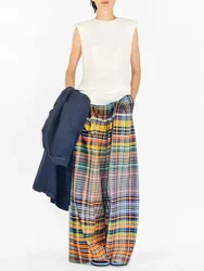 UOOZEE 2024 Nuove Donne Vintage Plaid A Vita Alta Pantaloni a Gamba Larga Primavera Estate Allentato Casual Estiva Pantaloni Alla Moda Bottoms