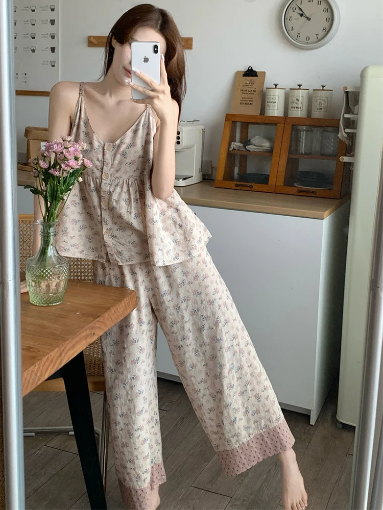 Summer Floral Suspender V-neck Tops+Loose Pants Two-Piece Pajama Set Women\'s Casual Simple Thin Home Sleepwear With Chest Pads