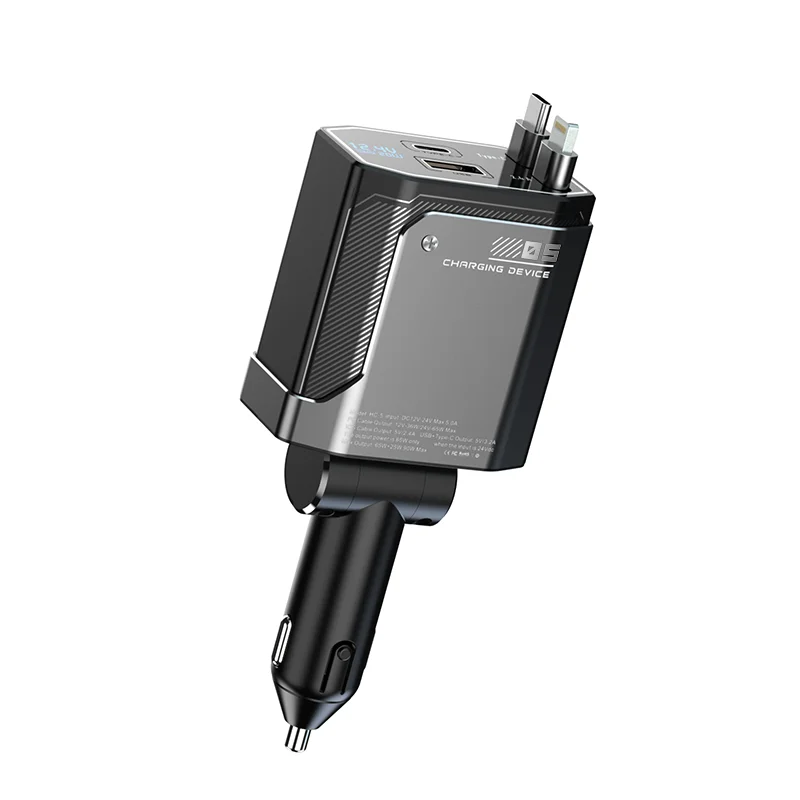 

Universal 120W PD Fast Adjustable Head Retractable Cable 4-in-1 Multi Port (USB-A/Type-C) Compact Car Charging Station
