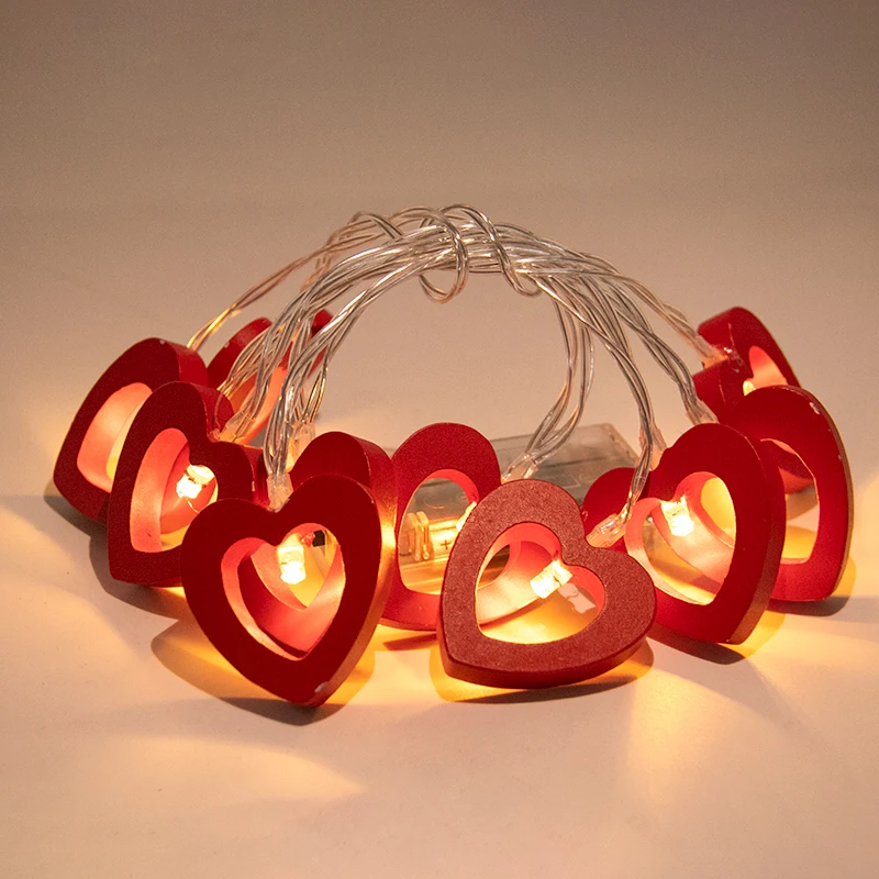 10 LED Wood Love Heart String Fairy lights Red White String Light Indoor Wedding Party Garland Valentine's Day Lamp Decoration