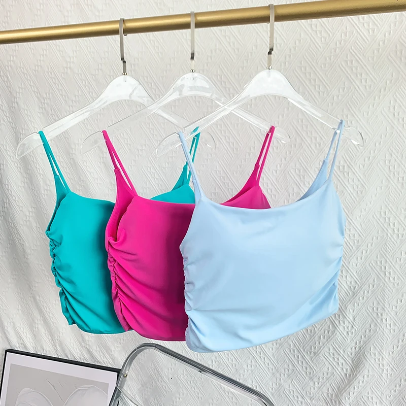 

Fashion Women Solid Color Suspender Tops Pleats Fitness Vest Sexy Breathable Yoga Running Fitness Gym Athletic Top Sportswear