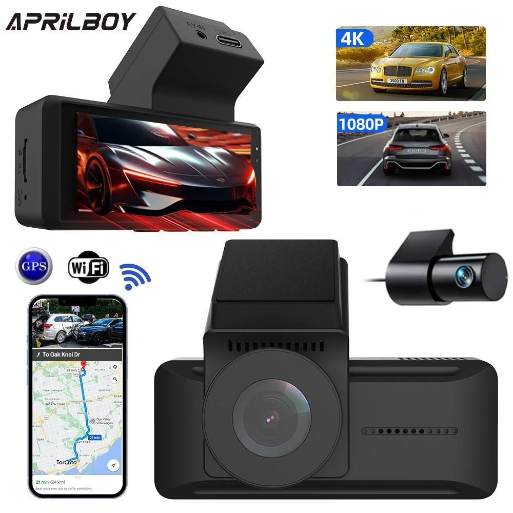 Aprilboy 4K Dash Cam Car DVR Support WIFI GPS 4K Front And 1080P Rear Camera Dual Lens Night Vision Video Recorder Black Box