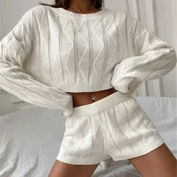 Autumn Women's Loose Round Neck Crop Sweater & Knitted Shorts Set Daily Clothes Two Piece Sets Women Fashion Short Pants Outfits