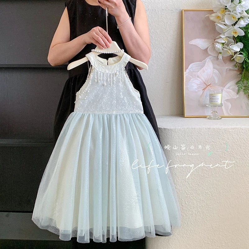 Girls' New Summer High-End Elegant Beaded Tassel Sleeveless Birthday Dress
