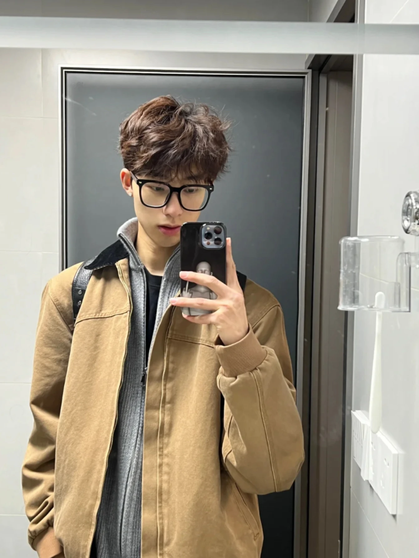 

American Retro Khaki Canvas Men's Waed S Fe Work Jaet Youth Trendy Long Sve Outerwear Polyester Zipper Closure