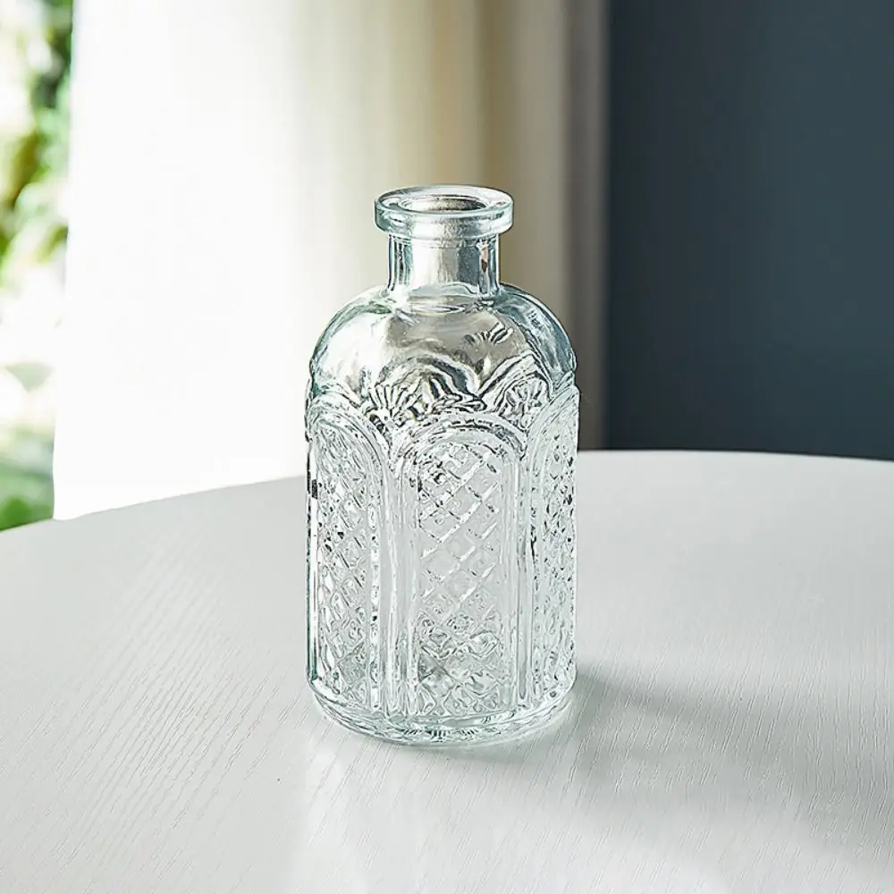 Vintage Embossed Vase Mini Glass Vase Wedding Party Transparent Hydroponics Plant Flower Vase Desktop Ornaments Home Decoration