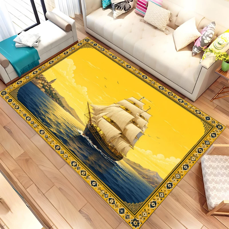 Indoor Rug Boat Ship On Sea Bedroom Rug Machine Washable Dirty Resistant Accent Abstract Mat Soft Durable Rugs for Living Room