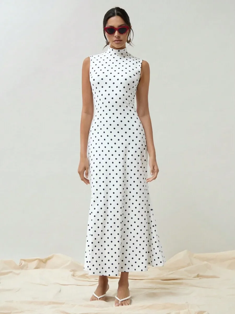 Elegant Polka Dot Sleeveless Fish Tail Long Dress