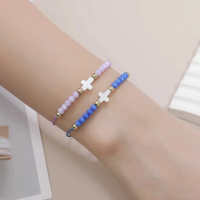 12pcs Colored Crystal Beads Cross Pendant Braided Bracelet Simple Couple Adjustable Wrist Women Bangle Christian Souvenir