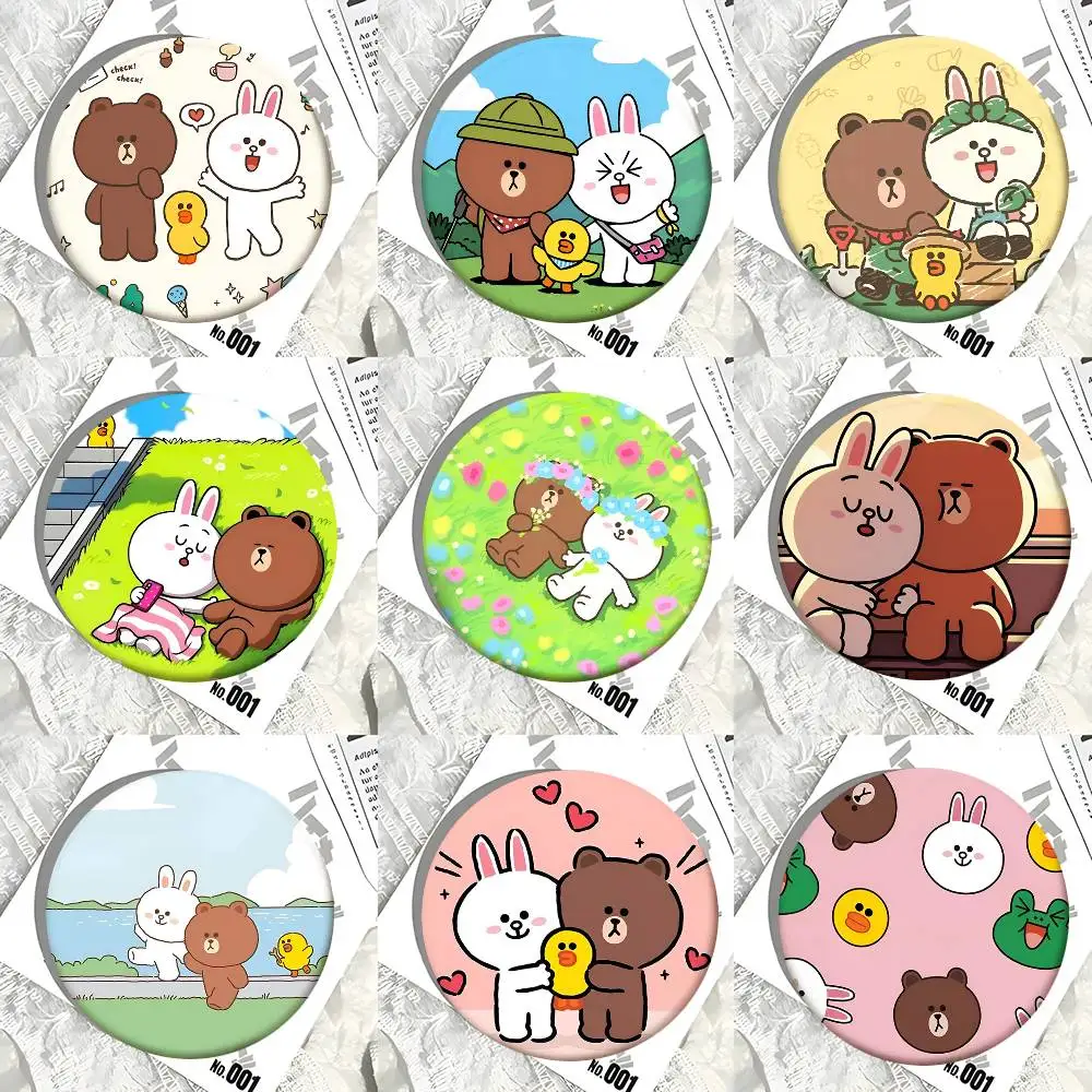 Niedliche koreanische L-LINE FRIENDS braune Bären- und Hasen-Rundabzeichen, kreative Brosche, Kleidung, Rucksack-Accessoires, Anstecknadel