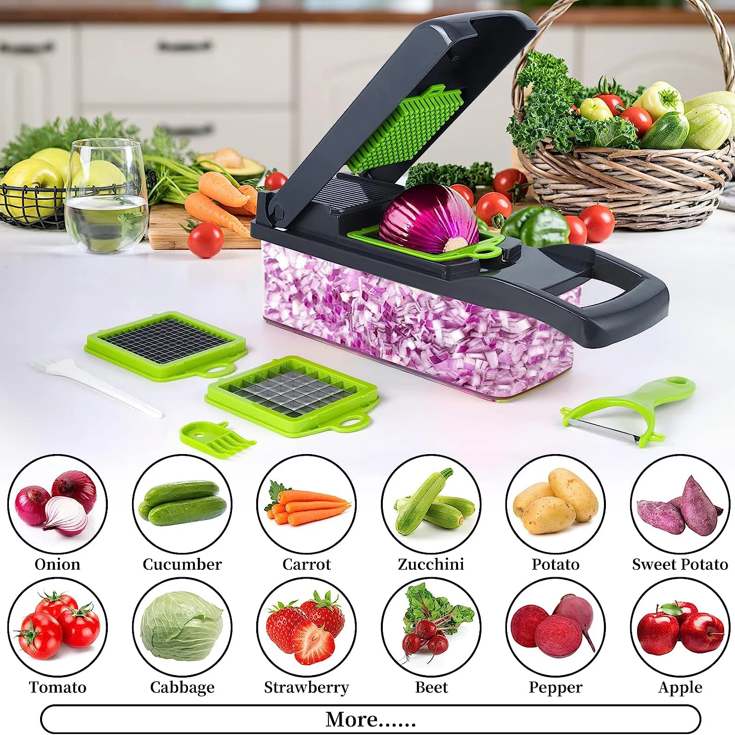 Professional Vegetable Cutter with Filter Basket, Onion Chopper, Carrot Potato Shredders, Garlic Grater, Kitchen Gadget, 12 in 1