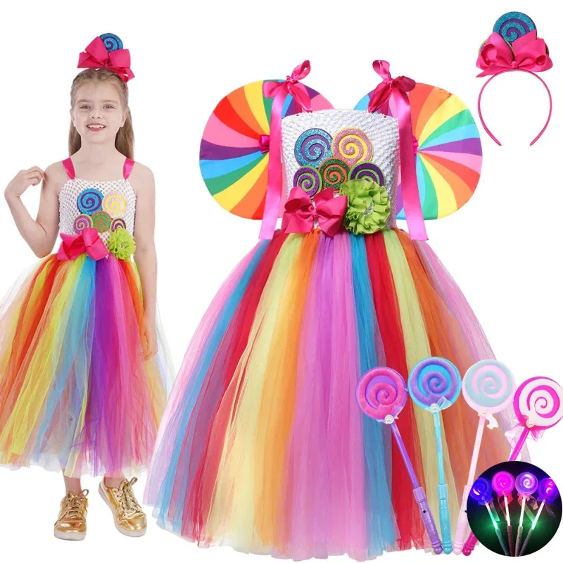 

2025 Purim Children's Rainbow Candy Dress Birthday Party Mesh Princess Dress Lollipop Flower Costume Christmas Carnival Set