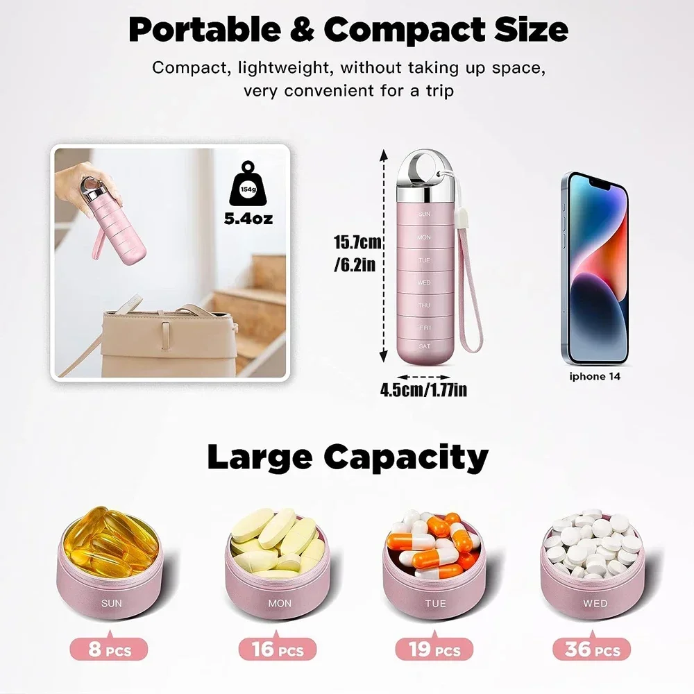 Portable Waterproof Weekly Pill Box, Metal Travel Pill Organizer, BPA Free Daily Medicine Organizer Holder for Vitamin, Fish Oil