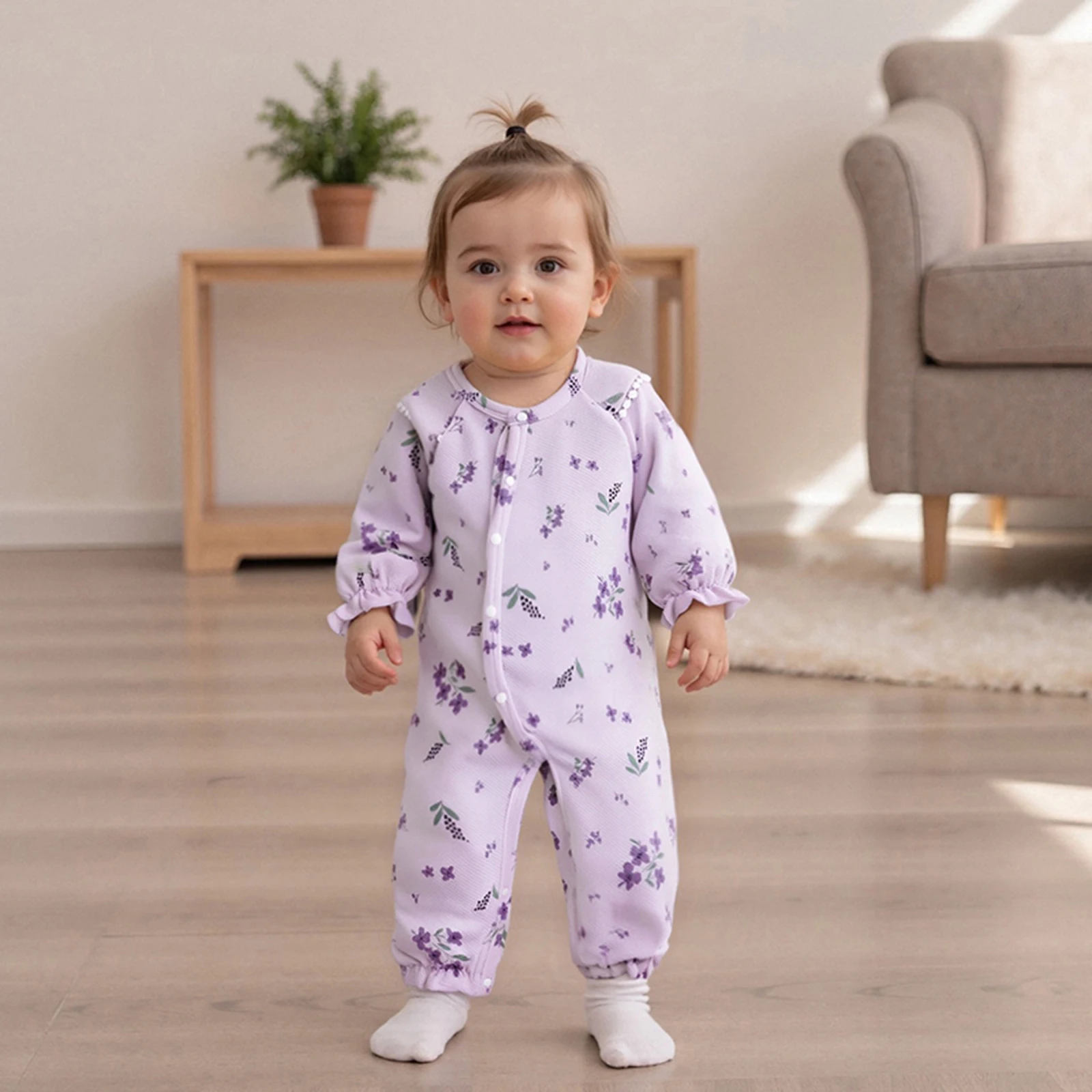 Baby Girls Jumpsuit, Long Sleeve Crew Neck Flower Print Button Closure Casual Romper Clothes