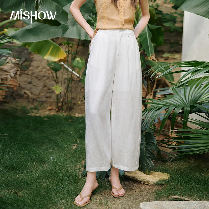 MISHOW Women's White High Waist Pleated Cropped Wide Leg Pants 2026 Summer Thin Breathable Loose Versatile Trousers MXF27K2701
