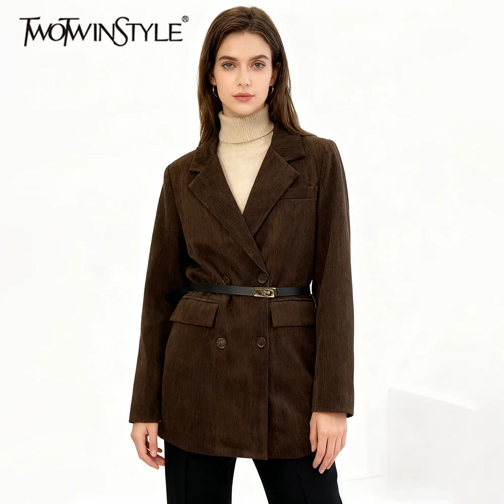 TWOTWINSTYLE solide minceur épissé ceinture blazers occasionnels pour les femmes revers manches longues minimaliste Blazer femme mode vêtements