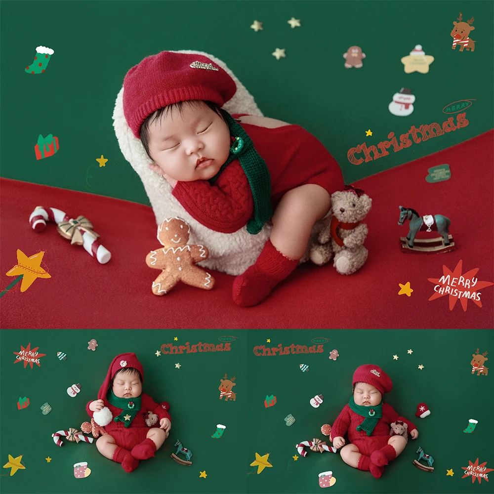 

Newborn Christmas Photography Supplies Red Knitted Baby Costume Candy Cane+gingerbread Xmas Theme Decor for Studio Baby Shooting
