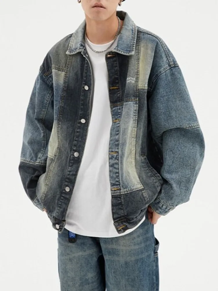

Vintage Patchwork Denim Jacket Men Spring Fall Washed Loose Letter Embroidery Coat Unisex Varsity Casual Baseball Outerwear